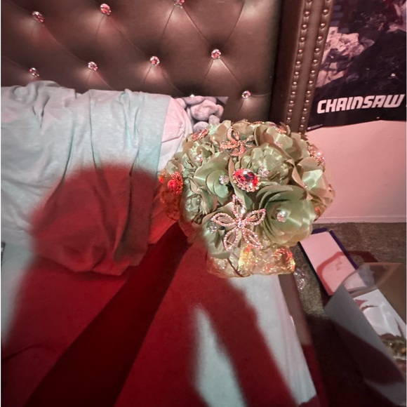 Sweet 16 dress, sage green, pink, white, silver. Size 9 - Picture 7 of 15